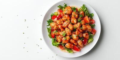Fresh salad topped with spicy chicken pieces served on a white plate during a light meal photo