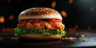 Juicy fried chicken burger with fresh lettuce and ketchup on a sesame seed bun during an evening setting photo
