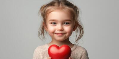 Smiling child holds a red heart symbolizing love and joy in a simple studio setting photo