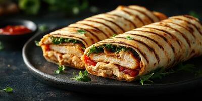 Grilled wraps filled with chicken, fresh vegetables, and spicy sauce served on a dark plate photo