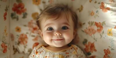 Smiling baby with bright eyes on floral bedding during a calm afternoon photo