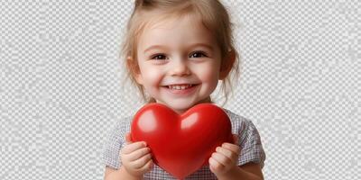 Young girl smiling while holding a red heart shape during a bright and cheerful moment photo