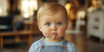 Baby with a sad expression in a cozy indoor setting during daylight photo
