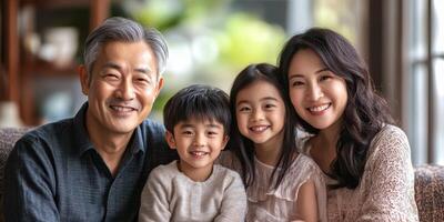 Smiling family enjoying a joyful moment together in a cozy living room at home photo