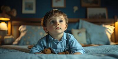 Curious young child gazing upward in a cozy bedroom filled with soft lighting and cute decor photo