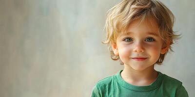 Young child with curly hair smiling in a green t-shirt indoors against a light background photo