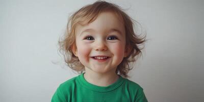Happy toddler with curly hair smiles brightly while wearing a green shirt in a neutral setting photo