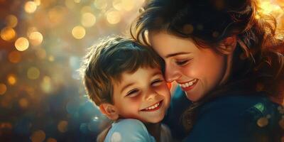Smiling mother embraces her son in a joyful moment surrounded by soft, warm lights during a festive occasion photo