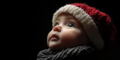 Baby wearing red and white knit hat gazes upwards in soft light, evoking a sense of wonder and innocence photo