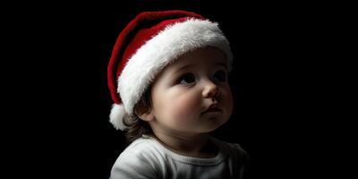 Baby wearing a festive red and white Santa hat with a thoughtful expression during the holiday season photo