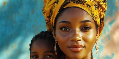 Mother and child sharing a warm moment in an urban setting adorned with vibrant colors and textures during the afternoon photo