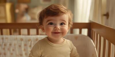 Happy toddler smiles in crib during afternoon light in cozy nursery room photo