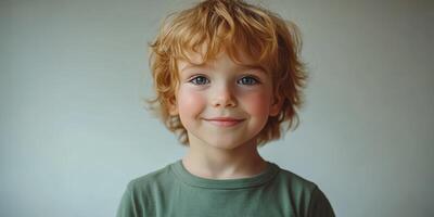 Smiling young boy with curly hair poses against a neutral background during a relaxed indoor setting photo
