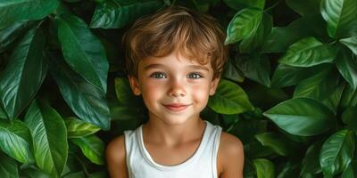 Child with bright smile surrounded by lush green leaves in a serene outdoor setting during daytime photo