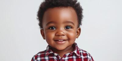 Smiling toddler with curly hair in plaid shirt shows happiness and joy in a bright indoor setting photo