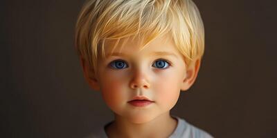 Young child with striking blue eyes and blonde hair gazes thoughtfully at the viewer in soft light photo