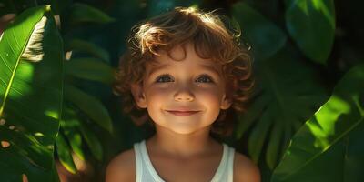 Smiling child surrounded by lush green foliage in a warm summer setting photo