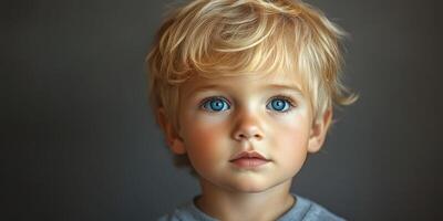 Child with light blonde hair and blue eyes gazing curiously against a dark background photo