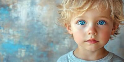 Cute child with curly blonde hair and bright blue eyes looking directly at the camera in a softly colored background during daylight photo
