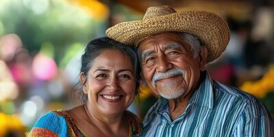 dos sonriente mayor individuos vistiendo tradicional atuendo en un vibrante al aire libre mercado ajuste durante luz horas foto