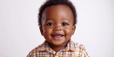 Happy toddler smiling brightly in a checked shirt with curly hair against a simple backdrop photo