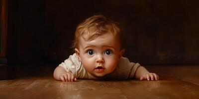 Curious baby exploring wooden floor in warm, cozy room during late afternoon photo