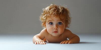 Curious baby with curly hair exploring a smooth surface in a well-lit indoor environment photo