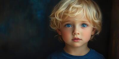 Young boy with striking blue eyes and tousled blonde hair poses thoughtfully against a dark background photo