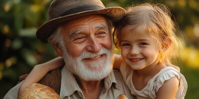 Grandfather happily shares bread with granddaughter in a sunny outdoor setting during summer photo