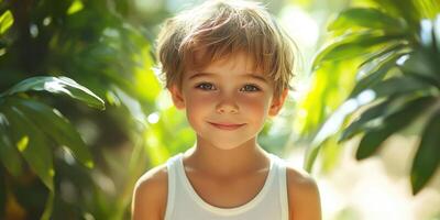 Young boy with a joyful smile stands amidst lush green foliage in a sunlit garden setting during a warm afternoon photo