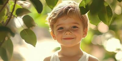 Young boy smiling joyfully surrounded by lush green leaves on a sunny day in a garden photo