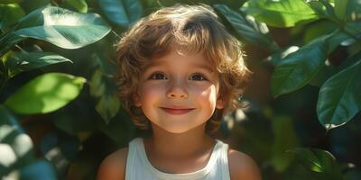 Joyful child smiling in a lush green garden during a sunny afternoon, surrounded by vibrant foliage and natural light photo