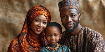 Family portrait featuring a couple and their child in traditional attire against an artistic background photo