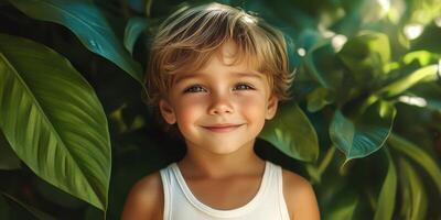 Young child smiling amid lush green leaves in a serene outdoor setting during daylight hours photo