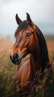 Horse stands majestically in a field of tall grass on a cloudy day in a rural setting photo