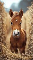 Young brown foal stands between bales of straw in a rural setting during daytime photo