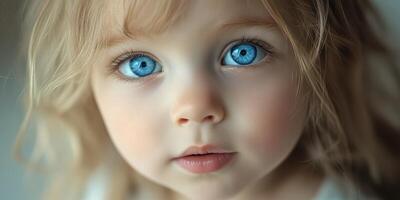 Captivating child with striking blue eyes gazes curiously at the camera in a softly lit room photo