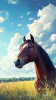 Close-up of a brown horse in a vibrant field under a blue sky with fluffy clouds during a sunny day photo