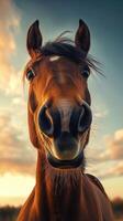 Horse gazes curiously at the camera during sunset in a serene pasture landscape photo