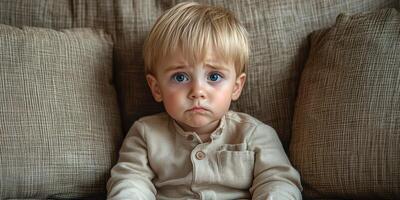 Child with a sad expression sitting on a couch surrounded by soft pillows during a quiet day at home photo