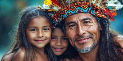 Smiling indigenous man poses with two young girls in vibrant traditional attire against a colorful background photo
