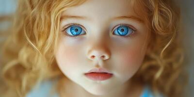 Captivating portrait of a young girl with striking blue eyes and curly hair captured indoors during daylight photo