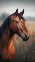 Majestic brown horse stands gracefully in a field during a tranquil morning light photo