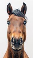 Horse with expressive eyes poses against a plain background, showcasing its beautiful features and charm during calm daylight photo
