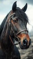 Majestic black horse with a shiny coat and bridle stands against a cloudy sky in a rural setting during the early morning hours photo