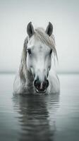 Majestic white horse emerges from tranquil water on a calm overcast day photo