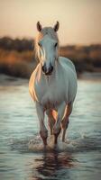 White horse wades through shallow water at sunset near a natural landscape photo