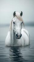 Majestic white horse standing gracefully in calm water under soft gray light during an overcast day photo