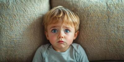 Young child with expressive eyes sitting on a couch looking concerned in a cozy living room photo