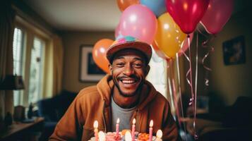 Joyful african american man at birthday portrait image. Black male holding cake with candles picture photorealistic photography. Home party invitation concept photo realistic